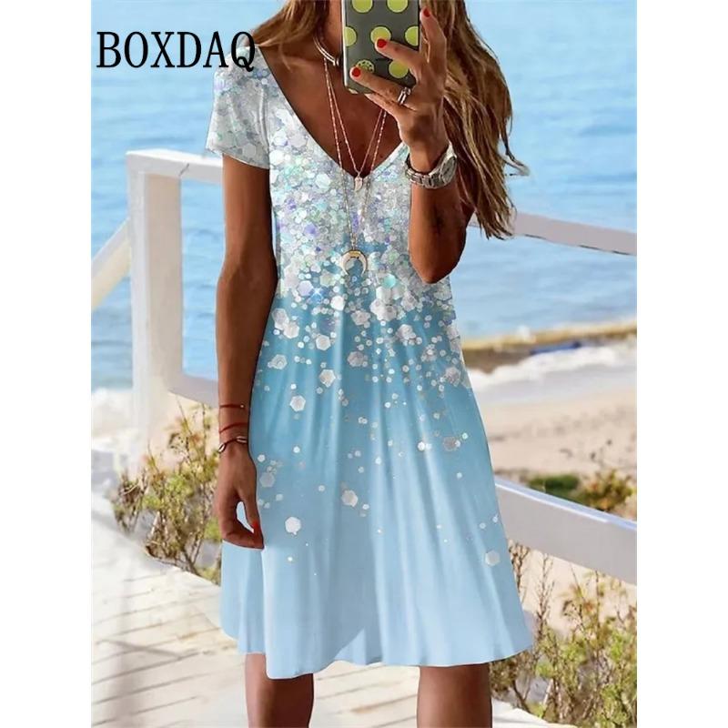 

Женское новое платье с коротким рукавом Летний пуловер Модное платье большого размера Повседневное свободное платье с V-образным вырезом Летнее платье с принтом для вечеринки M