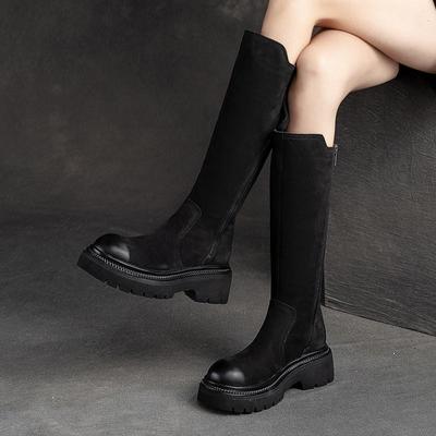 Retro-Stiefel aus echtem Leder, modische Ritterstiefel mit seitlichem Reißverschluss und dicker Sohle, Damenschuhe