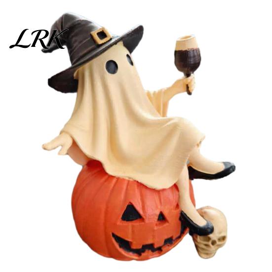 Whimsical Witch Home Accents Cute Ghost Figurine, Sitting On Pumpkin Statue with Hat, Resin Tabletop Ornament for Halloween Party Decor Naughty