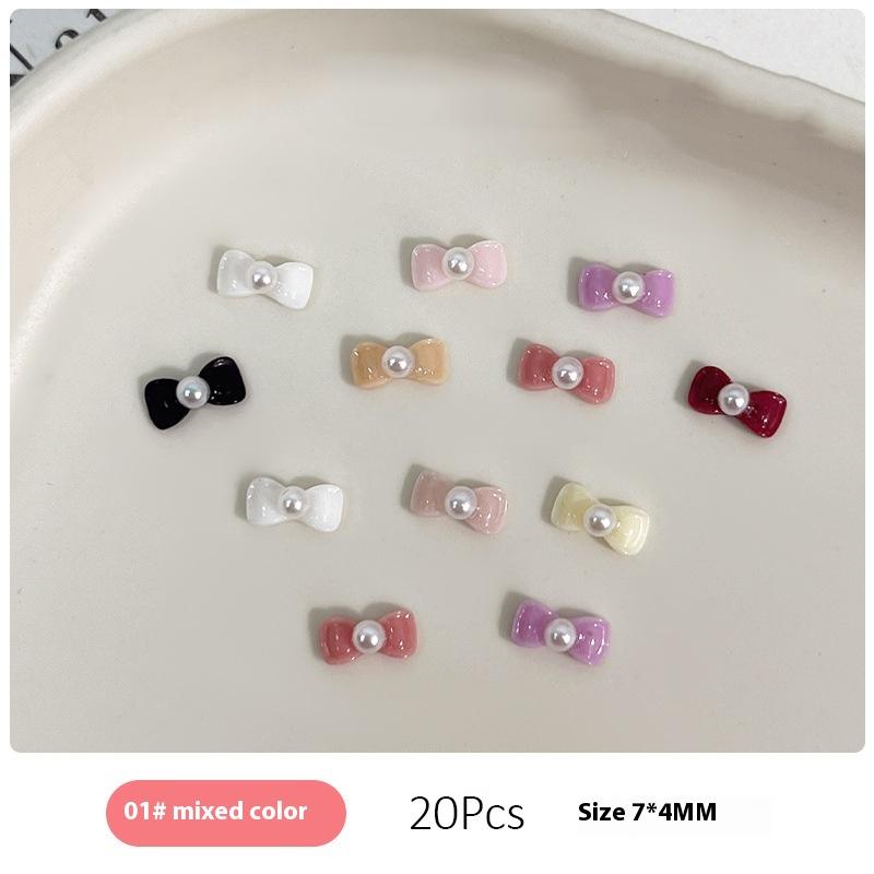 20Pcs Solid Color Minimalist Pearl Bows Nail Charms Bowknots Mini Resin  Inlaid Nail Art Decorations For Diy Manicure