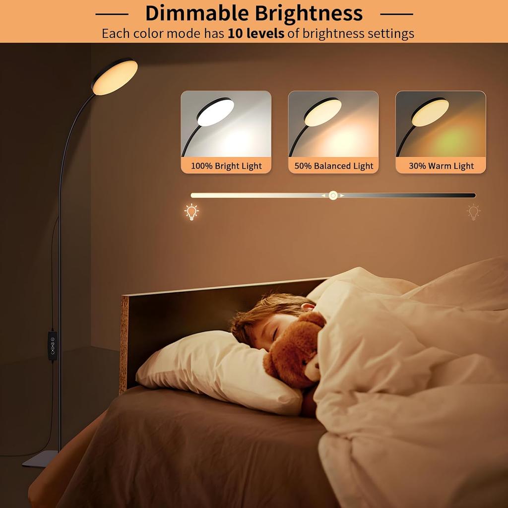 Candeeiro de Chão LED 10W Regulável 3000K-6000K com Temporizador Controlo Remoto Pescoço de Ganso Ajustável Candeeiro de Leitura de Pé para Sala de Estar