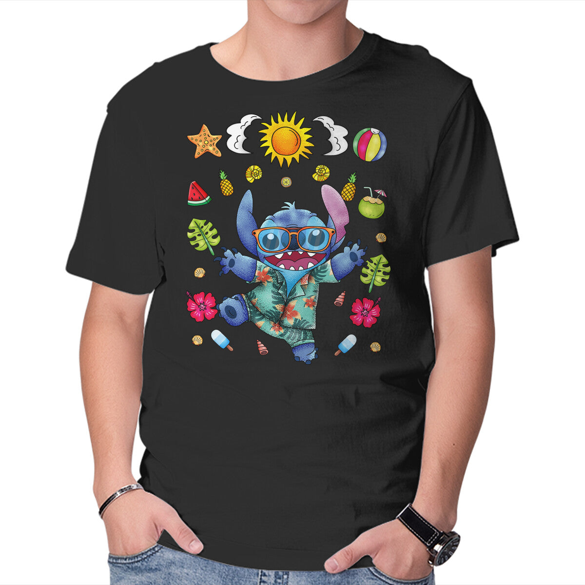 Unisex Crew Neck T-Shirt Ohana Stitch Summer Graphic Short Sleeve Casual Tee XS