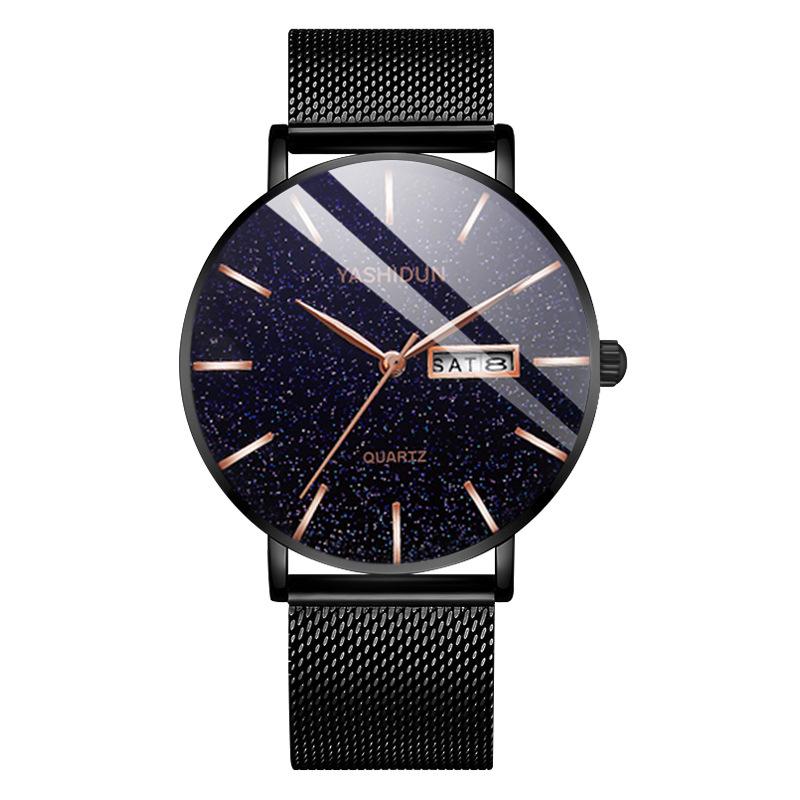 Starry Sky Men s Luxury Quartz Watch with Double Calendar  Mesh Strap - Waterproof  Versatile