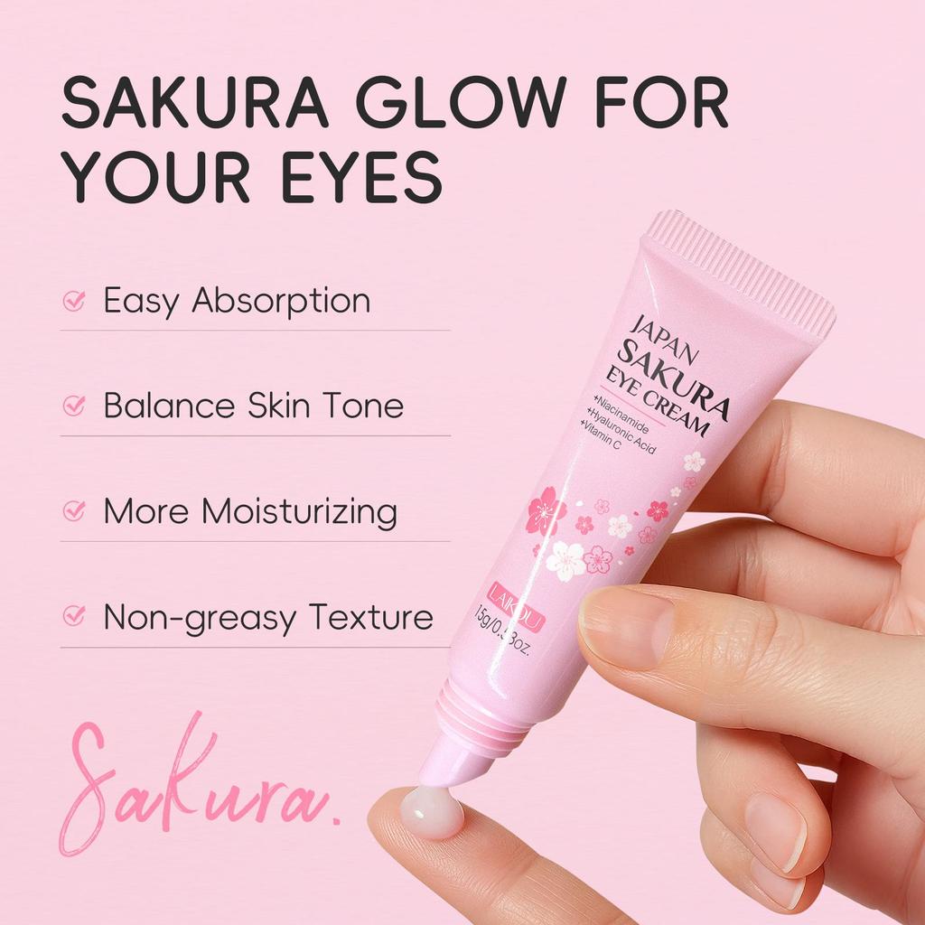LAIKOU Sakura Faltenreduzierende Augencreme mit Roll-Applikator Schnelltrocknend Feuchtigkeitsspendend Hyaluronsäure Erfrischendes Augen-Serum 15ml