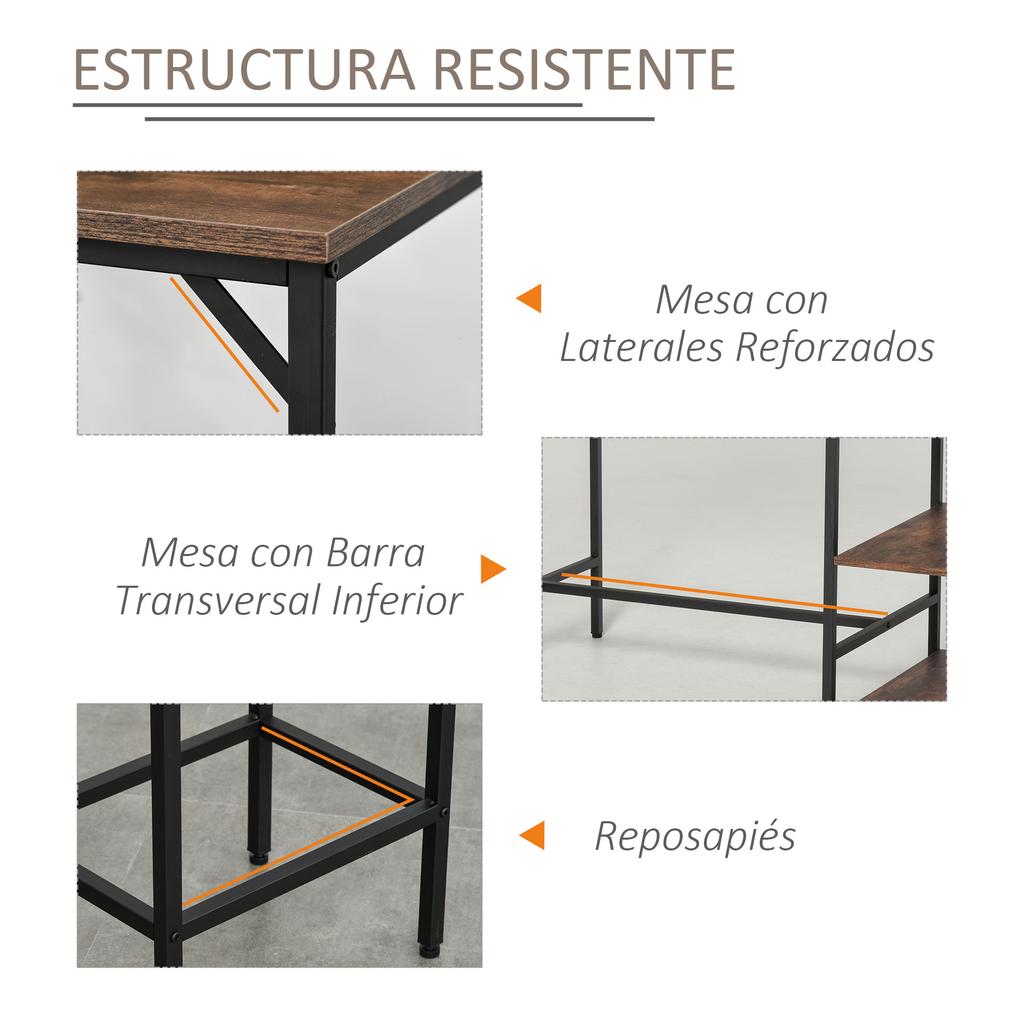 Bar Table and 2 Stools Set, Footrest, 3-Tier Shelves, Cushions, 109 x 60 x 100 cm, Rustic Brown