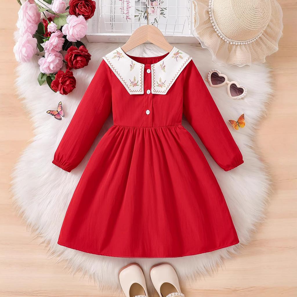 Elegant Red Dress for Girls Spring/Fall Children's Fashion Long-Sleeve Princess Dress