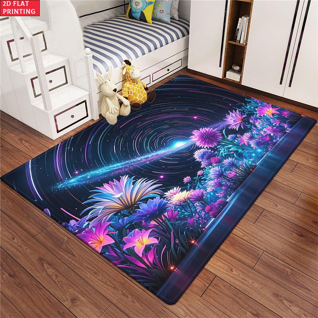 Galaxy Lila Floral Sternenklare Nacht Teppich, Moderner Abstrakter Weltraumteppich für Sofa Couchtisch, Waschbare Heimdeko Matte