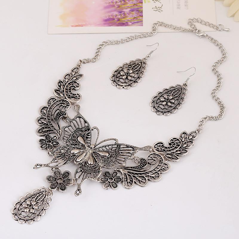 Fashion Hollowed Out Butterfly And Flower Design Women Necklace Earring Set For Women And Men