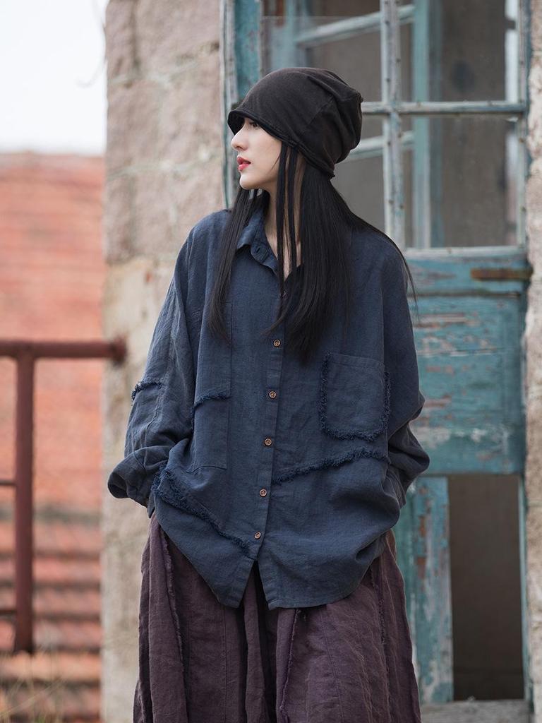 Women's Spring Loose-Fit Ramie Cotton Shirt with Distressed Irregular Splicing