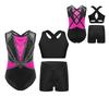 Girls Gymnastics Dance Set Sleeveless Mesh Patchwork Shiny Leotard Cross Back Vest Rhinestones Shorts