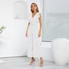 Women Slim High Waist Wide Leg Jumpsuit Sleeveless Ruffle V Neck Pleated Pants