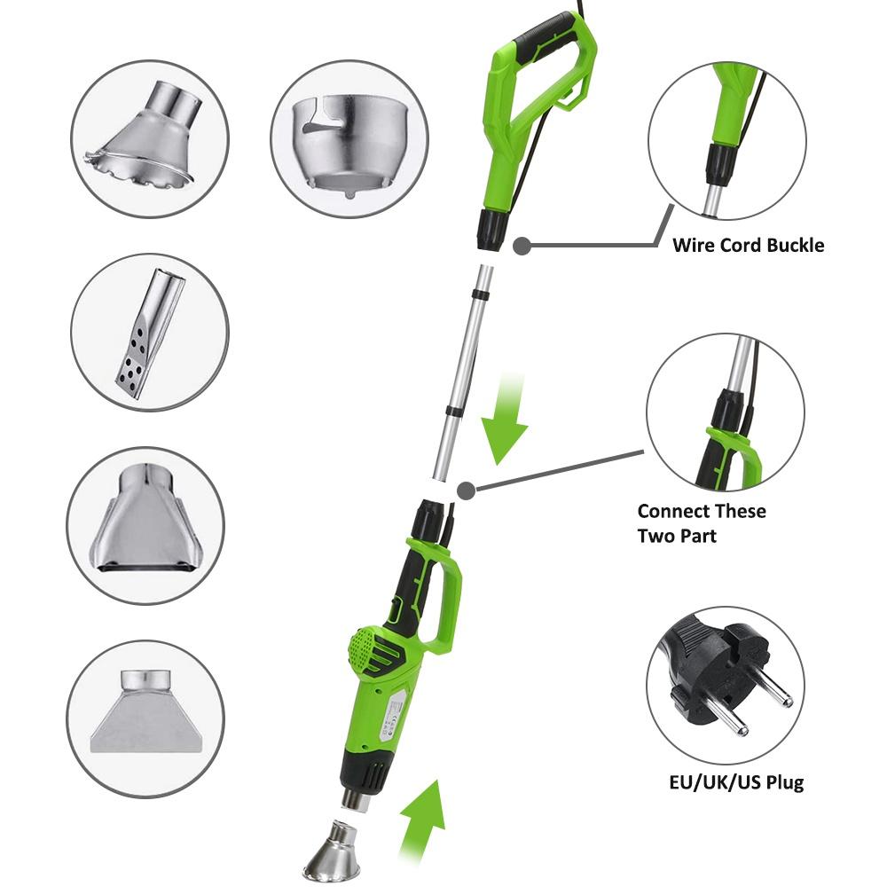 2000W 3-in-1 Weeds Burner Electric Thermal Weeder Hot Air Weeds Grass Flame Durable Safe Garden Tool with 5 Nozzles