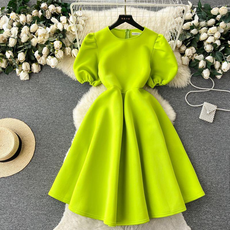 

French round Neck Puff Sleeves Summer Slimming Dress Yellow-Green L