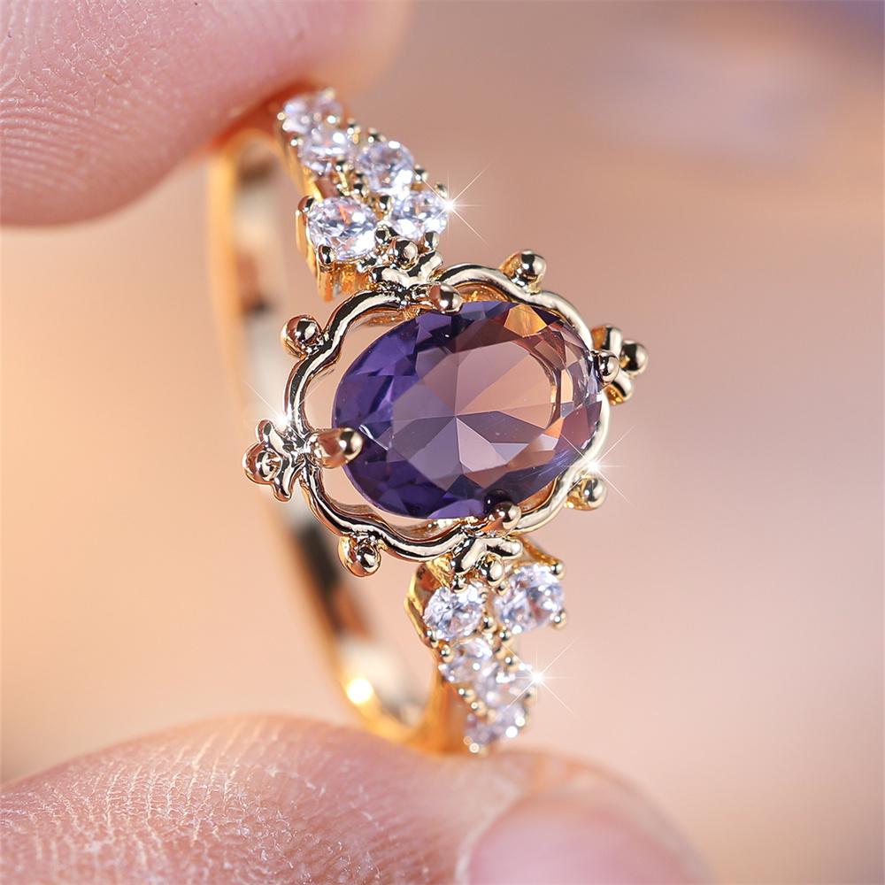 Trendy Purple Crystal Oval Stone Flower Rings For Women Vintage Gold Color Bridal Wedding Band Bithstone  Engagement Gift