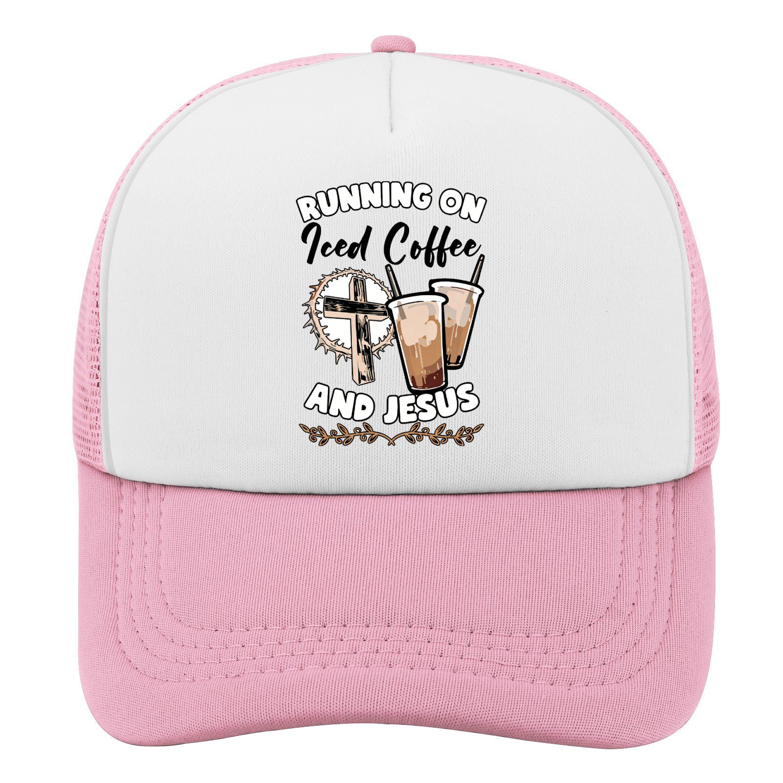 Running On Iced Coffee And Jesus Trucker Hat Polyester Mesh Casual Adult Unisex Baseball Cap One Size