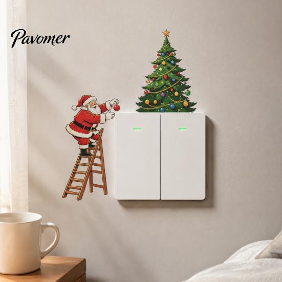Holiday Interior Ornaments Christmas Santa Claus Light Switch Sticker, Waterproof PVC Decal, Self Seasonal Room Decorations Adhesive Wall Art