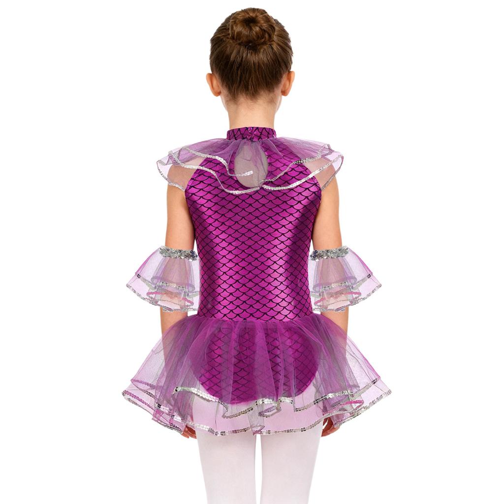 Kids Girls Mermaid Cosplay Costume: Sleeveless Mesh Sequins Bodysuit with Fish Scales Print & Arm Sleeves for Halloween Party