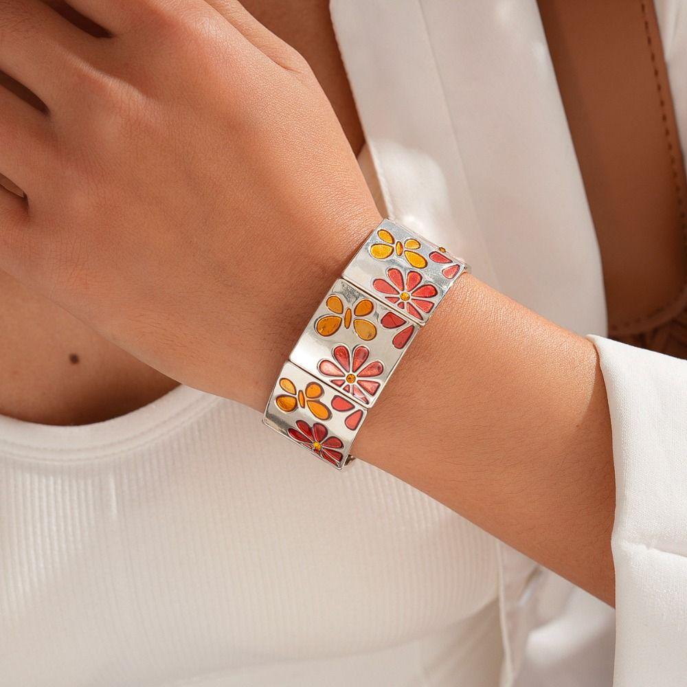 Metal Drip Oil Flower Bracelet Silver Elastic Bangles Geometric Square Bangle  Girls Gift