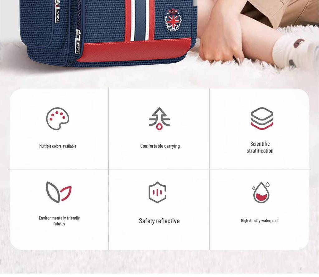 British Style Waterproof Backpack for Grades 1-6: Spine Protection, Load Reduction, Large Capacity, Boys' Double Shoulder School Bag