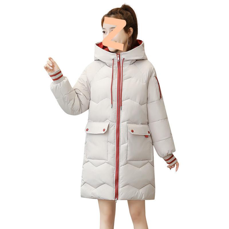 Winter lässige Damen mittellange Kapuzen-Baumwolljacke, lockere Baumwollkleidung, farbblockierte Brotjacke, gesteppte Jacke