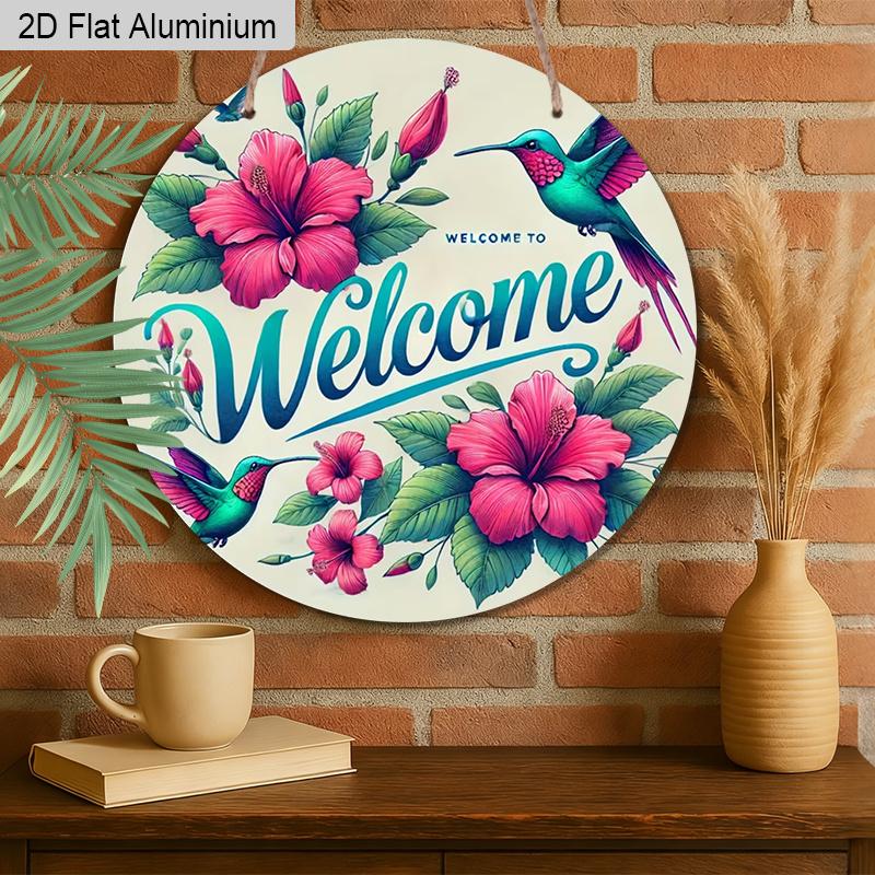 2D Flaches Aluminium Willkommensschild Runde Metallschild, Man Cave Wandkunst Schild für Bar, Garage, Haustür, Lebendige Kolibri- und Hibiskus-Blumendekoration