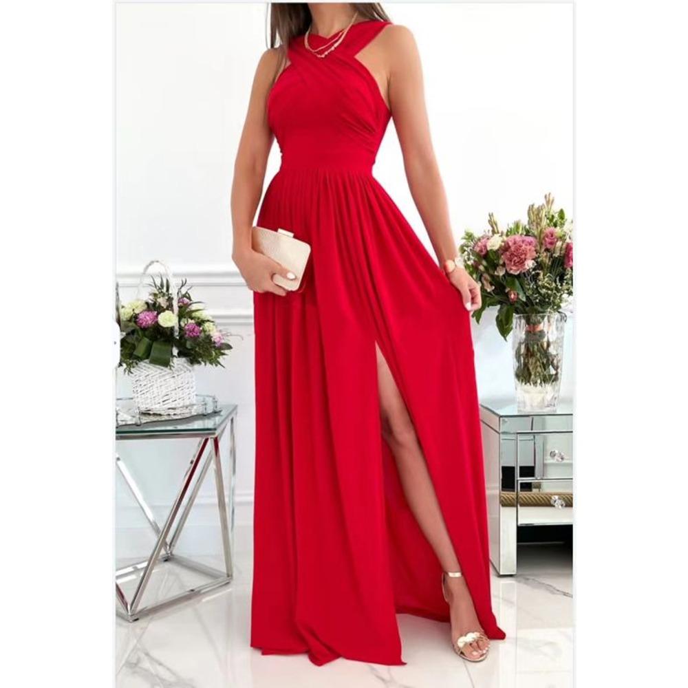 Summer Women's Sleeveless Hanging Neck Backless Hem Split Dresses