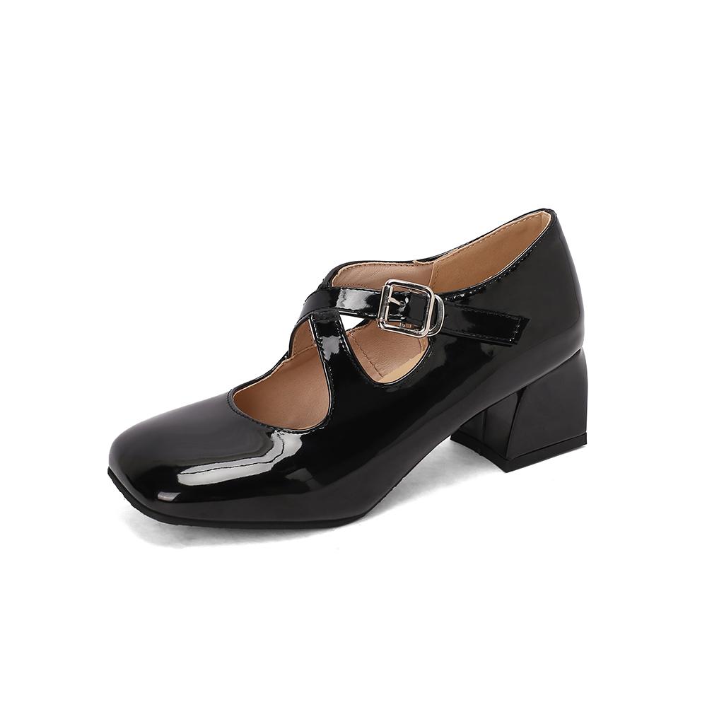 White Women Pumps Square Toe Non-slip Buckle Strap High Block Heel Plus size 45 48