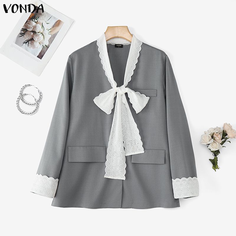 VONDA Women V-Neck Bow Lace Long Sleeve ButtonThin Cardigan Blazer
