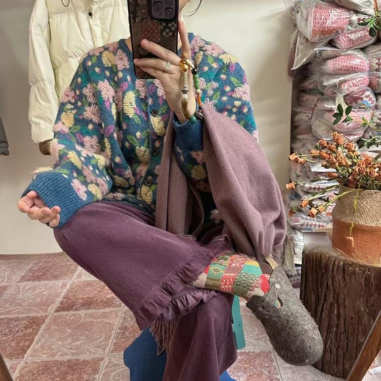 DIMANAF 2025 Flower Sweaters Cardigan Autumn Women Print O-Neck Sweaters Knitting Loose Blue Sweater