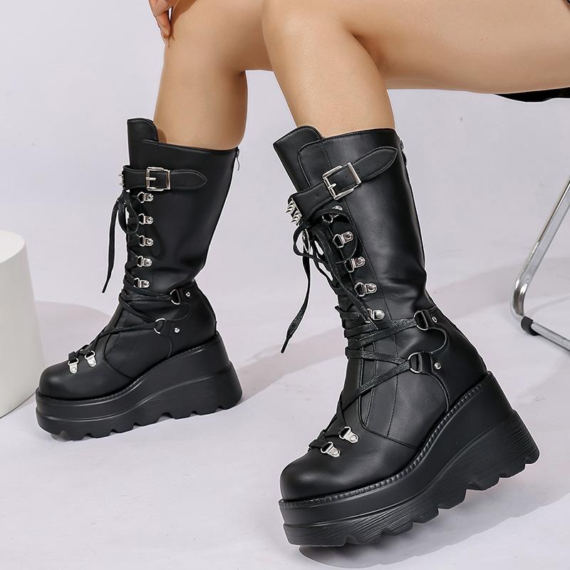 Fashion Punk Style Platform Motorcycle Boots Women Fashion Rivet Buckle Decor Combat Booties Woman Thick Sole Wedge Heel Mid Calf Boots