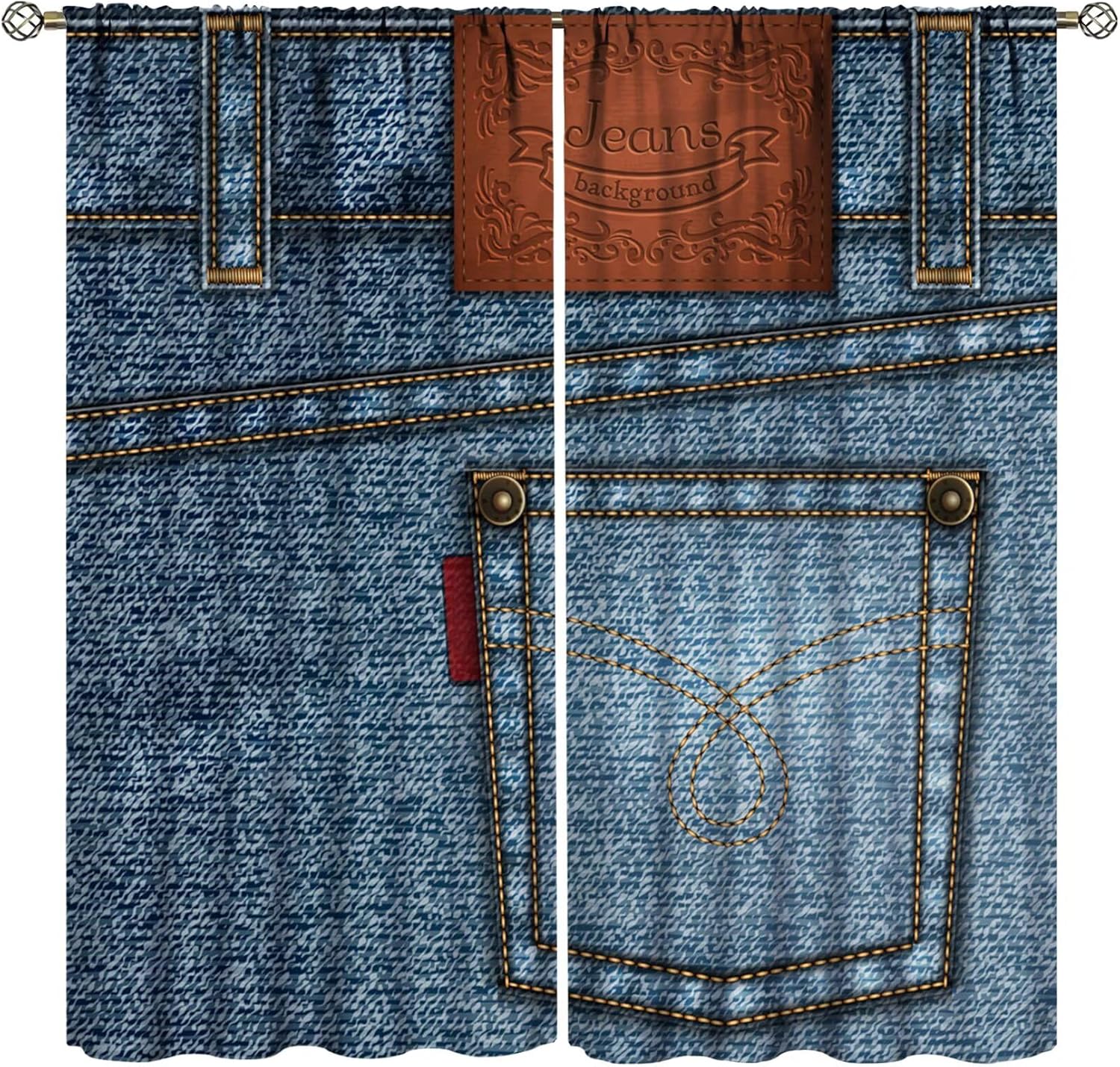 

Modern Jeans Curtains Denim Retro Western Cowboy Style Design Art Print Curtain Bedroom Living Room Home With Rod Pocket Polyester Perfect For Area W100*H160(CM)-Grommet top&2PCS