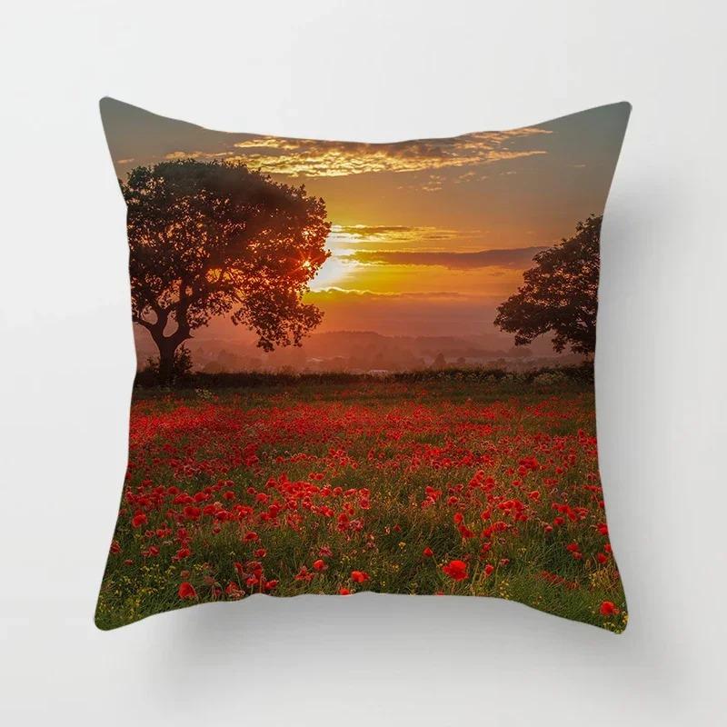 Home Decor Flowers Sunrise Sunset Field Print Pillow Cover Sofa Bedside Car Office Seat Cushion