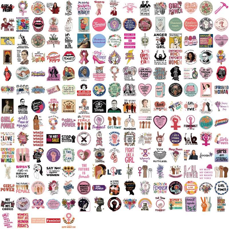 200 Pieces of Pink Sticker Decorative Phone Water Bottles for Female Feminist Groups with Waterproof Cartoon Designs