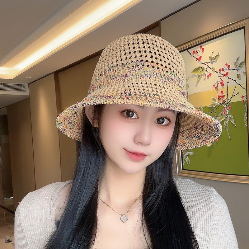 Women's Summer Straw Woven Fisherman Hat with Contrast Stripes Hollow Wide Brim Sun Protection Hat for Outdoor Travel Vacation Face-Covering Sun Hat