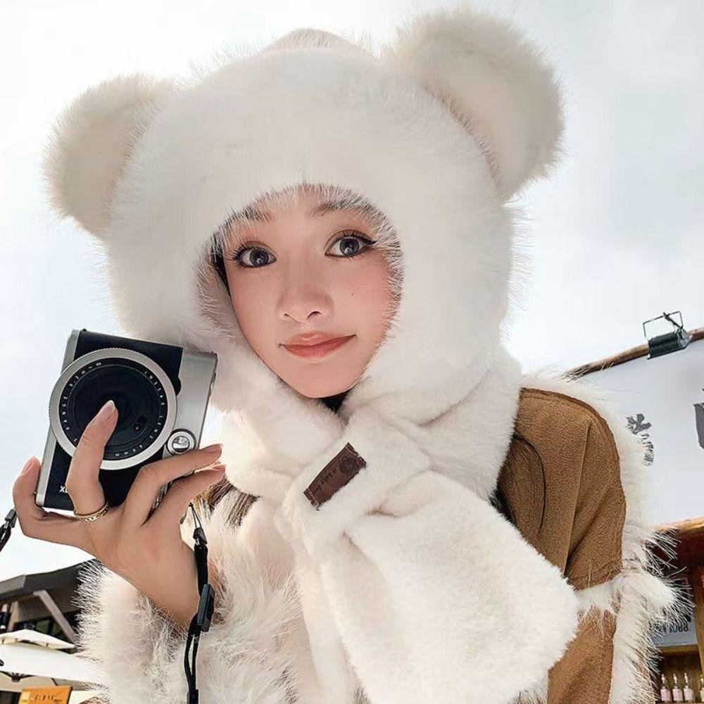 

All-in-one Plush Hat Scarf Anti Cold Wind Beanies Cap Versatile Women Hat Scarf Women білий