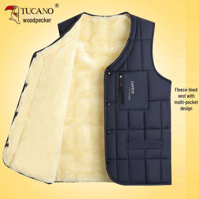 Men's Woodpecker Autumn/Winter Sleeveless Jacket - Middle-aged Dad's Thick, High-grade Cotton Vest.