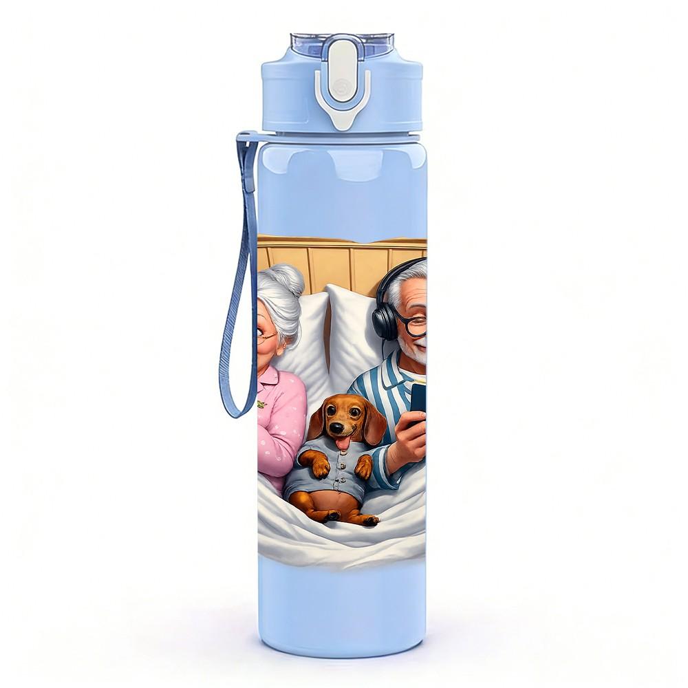 1PC Elderly Couple Warm Pillow Art Print 750ml Color Plastic Sports Water Bottle Leakproof Flip Straw Lid Suitable for Sports Office Home Use