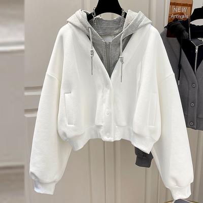 Faux sweat-shirt ample à capuche et fermeture éclair, deux pièces, court, pour femmes