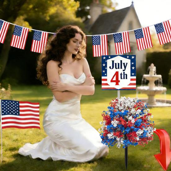 Yousheng 4th of July Artificial Flowers Topiary Ball Tree with Ground Stake Red White Blue Patriotic Fake Flower Plant Shrubs for Independence Day