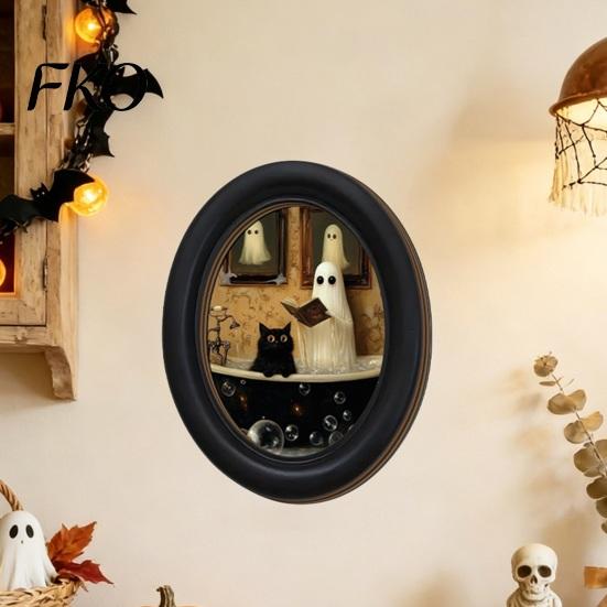 Cute Ghost Painting Halloween Wall Decor, Table Sign, Vintage Oval Framed Non-marking Art Picture, Decorative for Mantel Living Room Bedroom