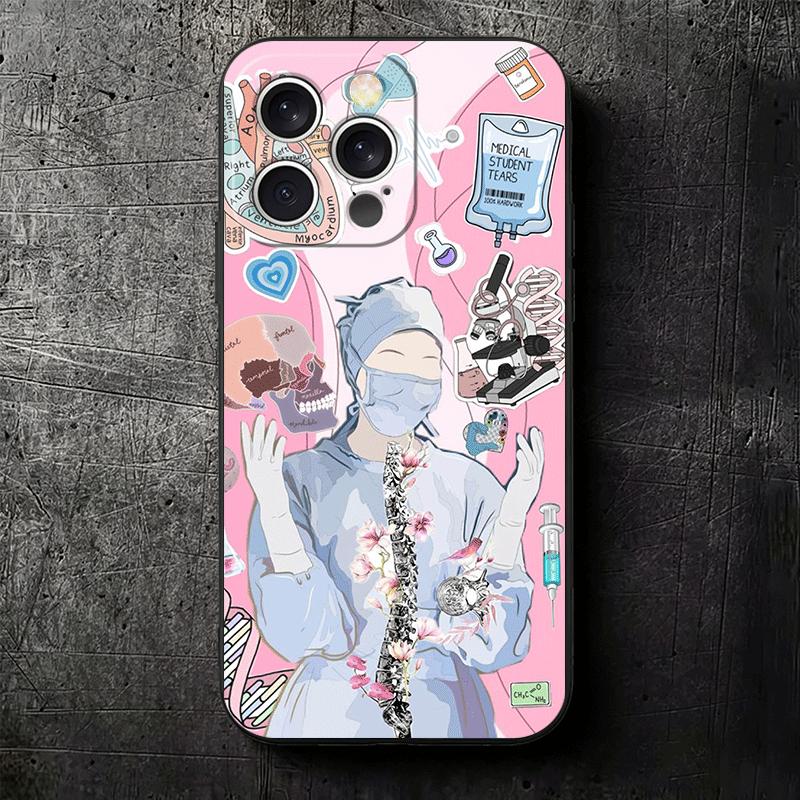 Doctor Nurse Cartoon Soft Phone Case for iPhone 16 16E 17 Air 15 Pro Max 14 Plus 13 Mini 11 12 7 Black Cover Back Shell