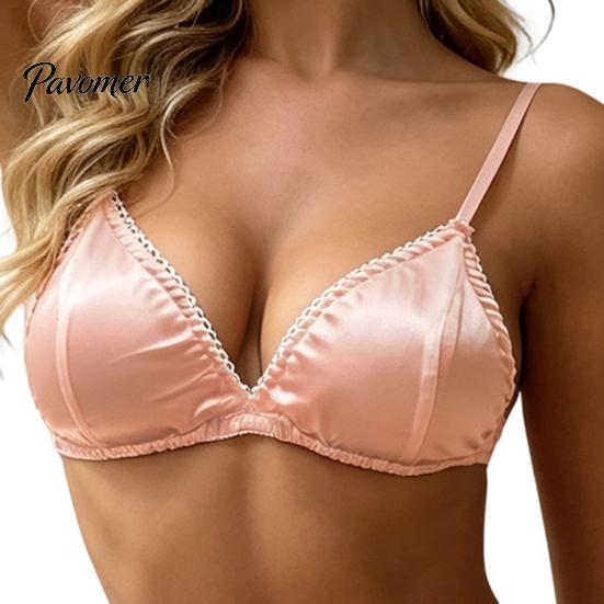 Wire-free Bra Women's And Panty Set, Satin 2 Piece Underwear Triangle Romantic Set No Underwire Bralette with Ruffle Thong, Soft Sexy Babydoll