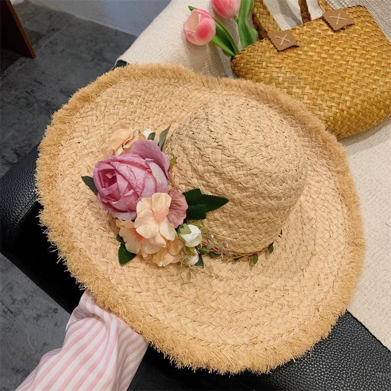Flower Rose Decoration Raffia Straw Hat for Women Summer Large Brim Sun Hat Seaside Atmosphere Elegant Wedding Hat