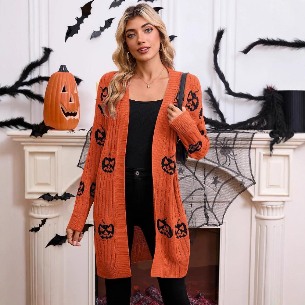 Women's V‑Neck Long Sleeve Pumpkin Jacquard Open Front Loose Fit Halloween Knit Cardigan