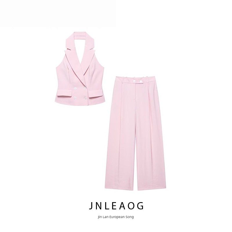 Jnleaog Autumn New Women's Clothing European and American Style Design Double Placket Hanging Collar Vest Wide Leg Pants 1608124