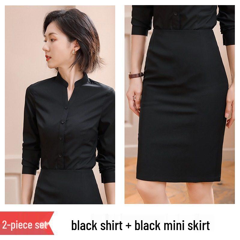 Women's Black Slim-Fit Professional Long-Sleeve Stand-Up Collar Shirt - New 2026 Business Formal Wear