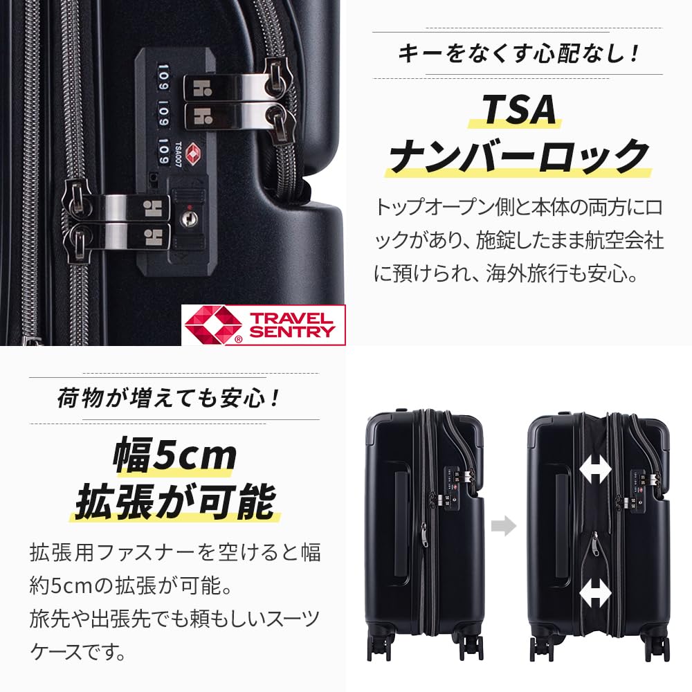 Carry Top with Free Front Front TSA 60 when Matte Black [Hideo Wakamatsu] Suitcase, Case, Zipper, Opening, Stopper, Expandable, Check-in,