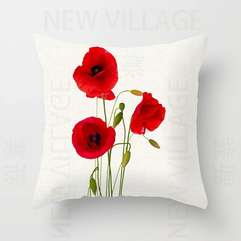 Nordic modern red flower linen pillowcase sofa cushion cover home decoration can be customized for you 40x40 50x50 60x60 45x45