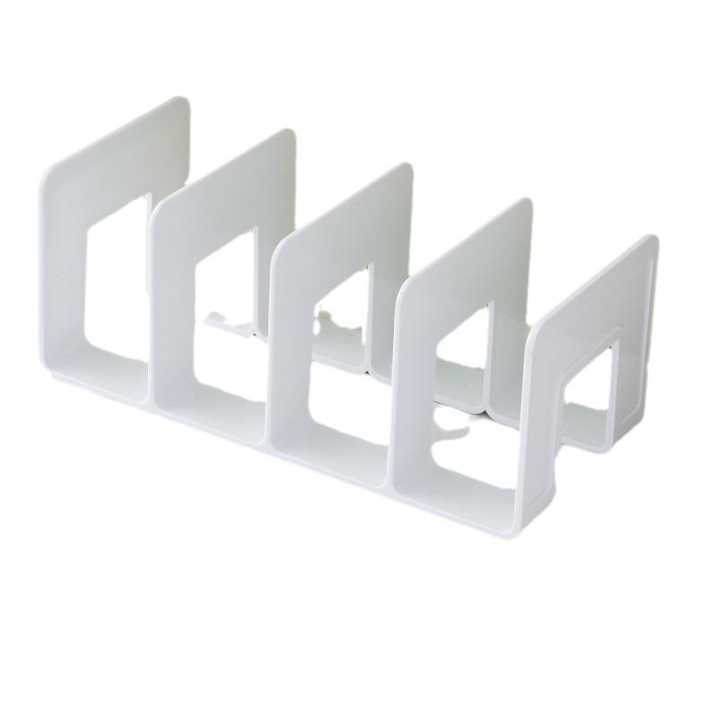 Verstellbarer Buchstützenständer mit vierfach unterteilter Trennwand und fester Buchleiste