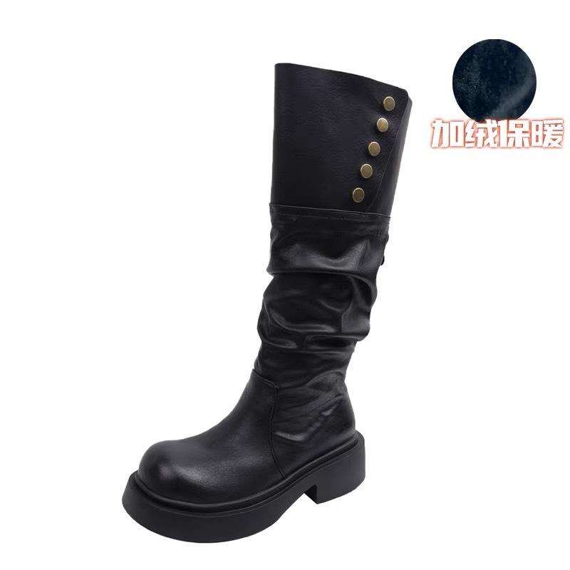 

Pleated pile boots 2025 autumn and winter two wear foldable brown boots thick heel thick sole knee knight boots 40